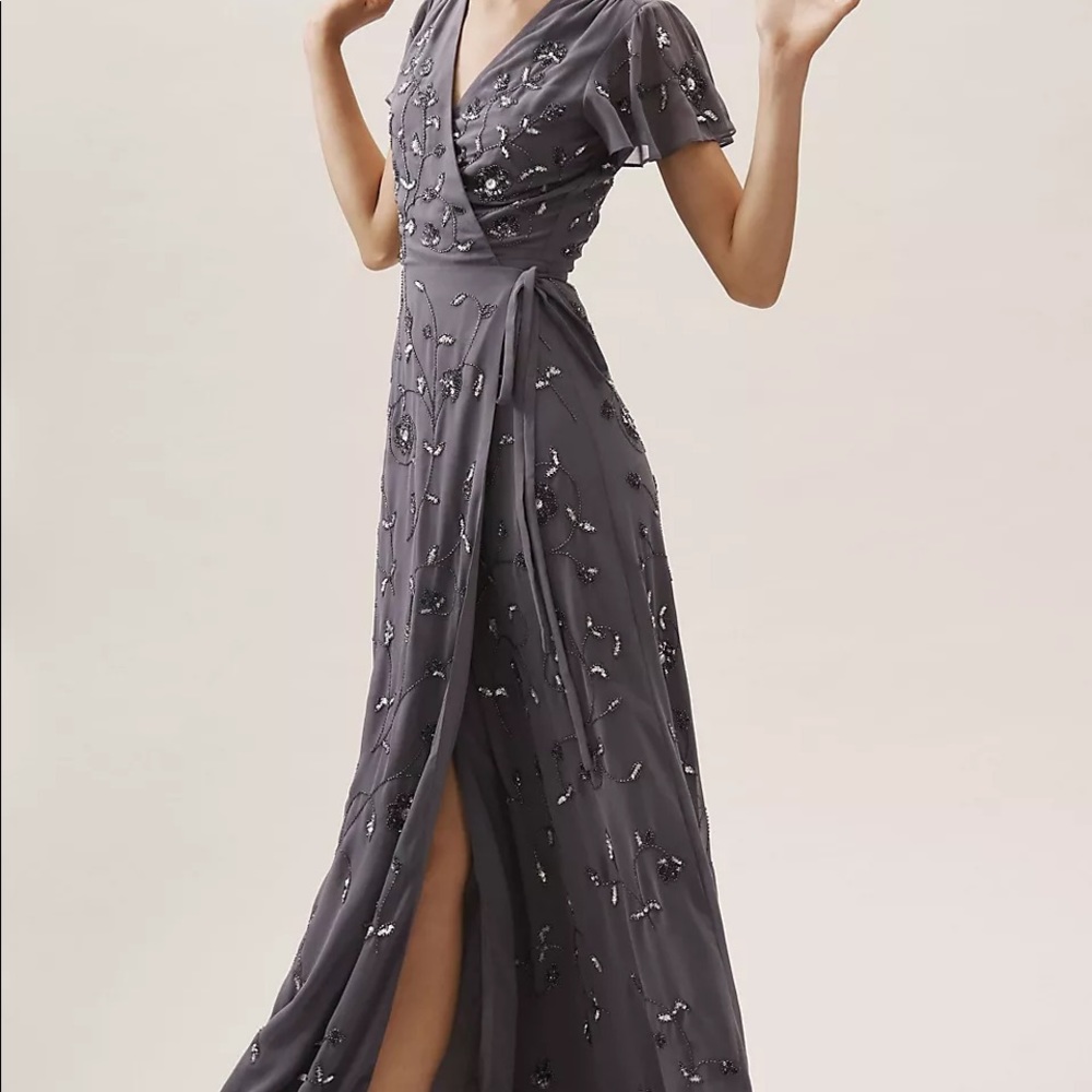 BHLDN Charcoal Gray Beaded Wrap Maxi Dress